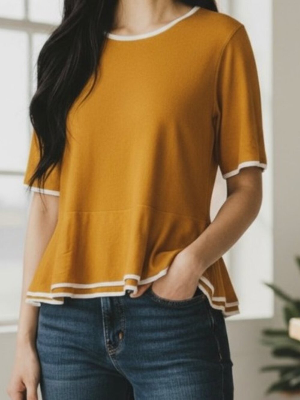 Jessica London Contrast Trim Fine Knit Peplum Sweater